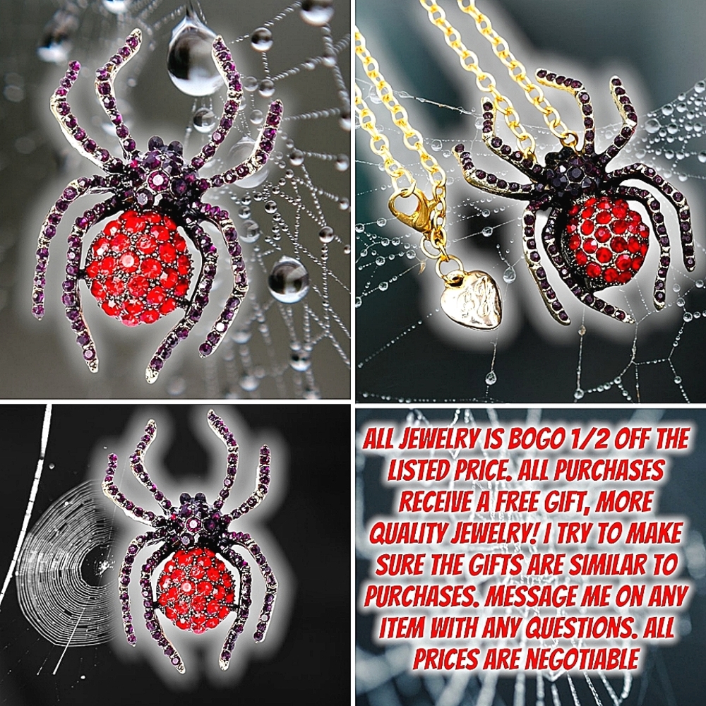 Gold plated black and red crystal spider necklace/brooch